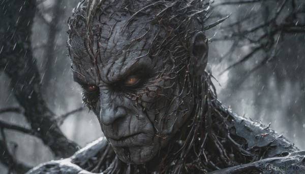 solo,looking at viewer,1boy,closed mouth,male focus,outdoors,blurry,tree,orange eyes,no humans,blurry background,portrait,glowing eyes,colored sclera,rain,monster,bare tree,alien,yellow eyes,armor,glowing,colored skin,close-up,realistic,scales,grey skin