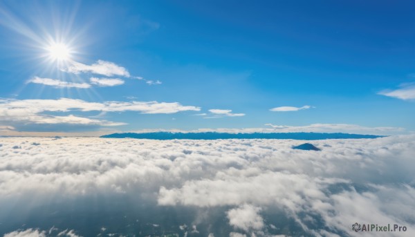 outdoors,sky,day,cloud,blue sky,no humans,ocean,sunlight,cloudy sky,scenery,blue theme,mountain,sun,horizon,landscape,above clouds,bird,flying,flock