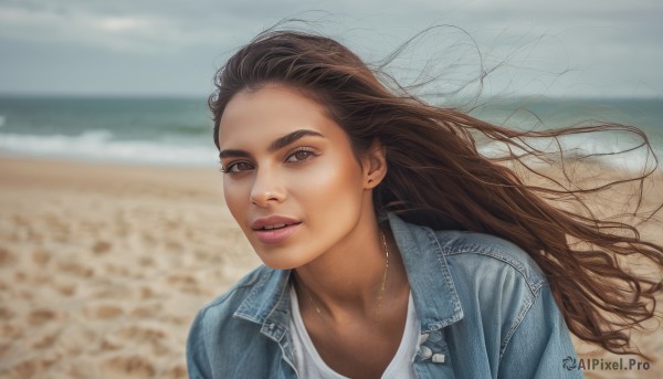 1girl,solo,long hair,looking at viewer,smile,brown hair,shirt,brown eyes,jewelry,jacket,white shirt,upper body,outdoors,parted lips,sky,day,necklace,blurry,lips,floating hair,blurry background,ocean,beach,denim,blue jacket,wind,forehead,realistic,nose,sand,denim jacket,teeth,cloud,water,depth of field,jeans