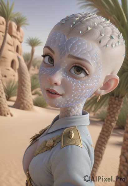 1girl,solo,breasts,looking at viewer,short hair,brown eyes,jewelry,upper body,braid,earrings,small breasts,outdoors,parted lips,teeth,day,blurry,from side,tree,lips,eyelashes,blurry background,looking up,sand,palm tree,scales,desert,jacket,open clothes,sky,uniform,open jacket,military,military uniform,epaulettes,realistic,nose,alien