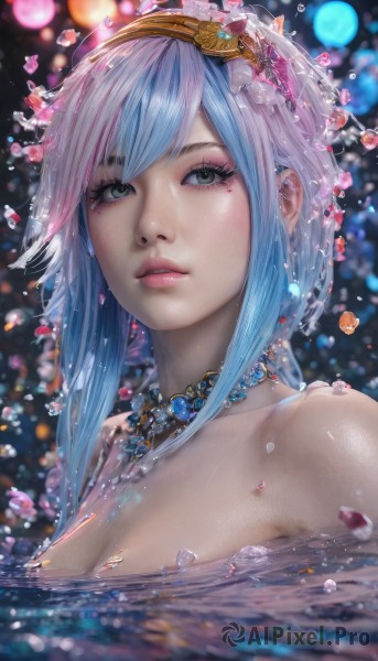 1girl,solo,long hair,breasts,looking at viewer,bangs,blue eyes,hair ornament,cleavage,bare shoulders,jewelry,medium breasts,blue hair,upper body,pink hair,sidelocks,nude,multicolored hair,hairband,parted lips,artist name,water,necklace,mole,blurry,lips,grey eyes,eyelashes,makeup,depth of field,blurry background,gem,portrait,eyeshadow,partially submerged,realistic,nose,mascara,green eyes,choker,petals,water drop