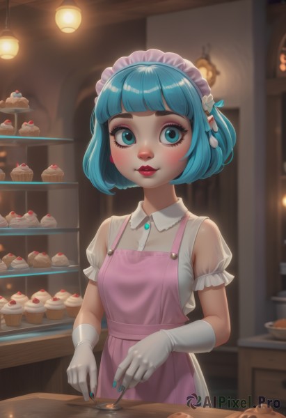 1girl,solo,breasts,looking at viewer,blush,smile,short hair,bangs,blue eyes,shirt,gloves,dress,holding,jewelry,closed mouth,blue hair,upper body,short sleeves,earrings,small breasts,food,pointy ears,puffy sleeves,shiny,indoors,white gloves,blunt bangs,nail polish,blurry,apron,shiny hair,aqua eyes,puffy short sleeves,lips,see-through,maid,maid headdress,eyelashes,aqua hair,makeup,blurry background,bob cut,lipstick,pink dress,eyeshadow,blue nails,cake,spoon,fork,candle,see-through sleeves,cupcake,pink apron,pastry,skirt,white shirt,frills,white apron,pink shirt