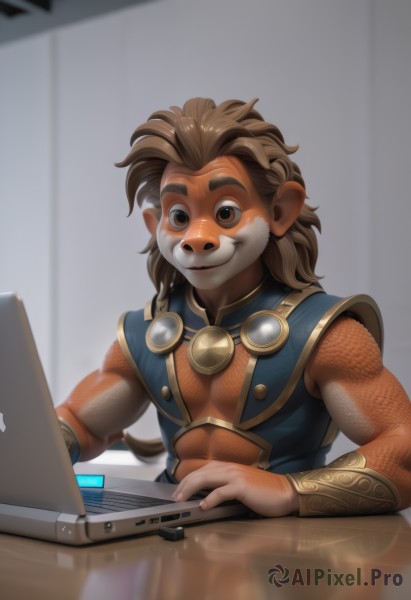 solo,long hair,smile,brown hair,1boy,animal ears,brown eyes,closed mouth,tail,upper body,male focus,sleeveless,artist name,indoors,blurry,muscular,goggles,furry,reflection,bracer,furry male,computer,lion ears,laptop,snout,brown fur,lion boy,sitting,vest,abs,thick eyebrows,blue vest,goggles around neck