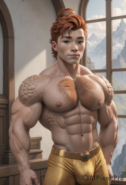 solo,looking at viewer,blush,smile,short hair,brown hair,1boy,navel,holding,jewelry,closed mouth,nipples,male focus,earrings,belt,pants,artist name,indoors,stomach,orange hair,window,tattoo,muscular,facial hair,abs,pectorals,muscular male,bara,beard,freckles,large pectorals,veins,bulge,topless male,mature male,realistic,brown pants,chest hair,navel hair,arm hair,veiny arms,day,yellow pants