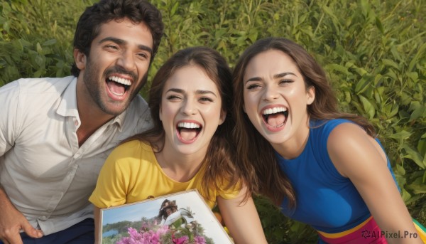 long hair,breasts,looking at viewer,smile,open mouth,multiple girls,skirt,brown hair,shirt,black hair,1boy,2girls,brown eyes,white shirt,flower,short sleeves,:d,outdoors,teeth,sleeveless,tongue,collared shirt,black eyes,sleeveless shirt,facial hair,grass,blue shirt,beard,yellow shirt,realistic,mustache,stubble,photo (object),father and daughter,family,real life insert,1girl,short hair,holding,bare shoulders,closed eyes,upper body,multiple boys,day,pants,dark skin,2boys,tongue out,blue skirt,book,dress shirt,leaf,dark-skinned male,plant,denim,pink flower,holding book,blue pants,laughing