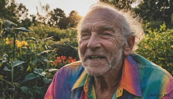 solo,looking at viewer,shirt,1boy,jacket,upper body,flower,white hair,grey hair,male focus,outdoors,day,collared shirt,tree,facial hair,plant,portrait,beard,realistic,mustache,manly,old,old man,wrinkled skin,smile,parted lips,necktie,vest,lips,grey eyes,scar,sunlight,blue shirt,scar on face