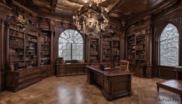 day,indoors,tree,book,no humans,window,chair,table,scenery,snow,desk,wooden floor,clock,bookshelf,lamp,architecture,winter,stool,shelf,bare tree,book stack,library,ceiling,carpet,candlestand,ceiling light,reflective floor,chandelier,wooden table,wooden chair,snowing,candle