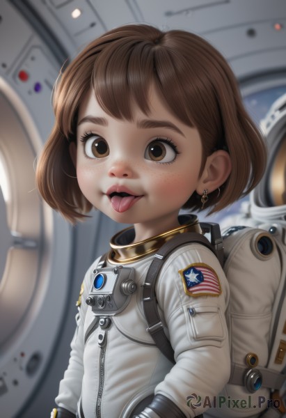 1girl,solo,looking at viewer,smile,short hair,open mouth,bangs,brown hair,brown eyes,jewelry,upper body,earrings,tongue,tongue out,bag,star (symbol),blurry,lips,depth of field,blurry background,bob cut,thick eyebrows,backpack,:p,zipper,freckles,realistic,female child,american flag,spacesuit,astronaut,indoors,eyelashes,bodysuit,helmet,nose,spacecraft