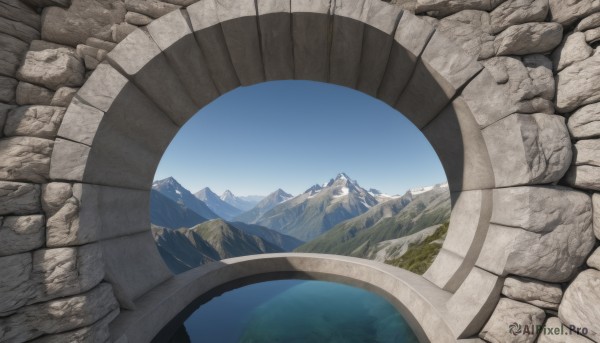 outdoors,sky,day,cloud,water,tree,blue sky,no humans,nature,scenery,reflection,rock,mountain,fantasy,bridge,pillar,river,landscape,cliff,wall,arch