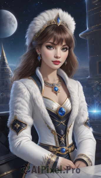 1girl,solo,long hair,breasts,looking at viewer,bangs,blue eyes,brown hair,long sleeves,hat,dress,cleavage,jewelry,sitting,collarbone,earrings,small breasts,sky,belt,necklace,lips,coat,grey eyes,fur trim,makeup,night,moon,crown,lipstick,brooch,building,gem,star (sky),night sky,full moon,pendant,starry sky,gold trim,nose,white coat,red lips,medium breasts,upper body,artist name,white dress,white headwear,realistic,castle,tower