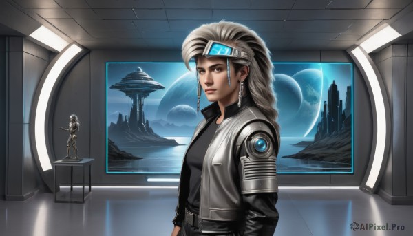 1girl,solo,long hair,looking at viewer,shirt,brown eyes,jewelry,jacket,upper body,braid,grey hair,earrings,open clothes,belt,dark skin,open jacket,dark-skinned female,lips,black shirt,headband,science fiction,realistic,nose,space,planet,earth (planet),spacecraft,cyberpunk,hologram,white hair,moon,goggles,goggles on head,cyborg