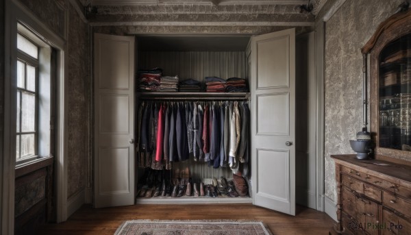 day,indoors,book,no humans,window,table,curtains,box,scenery,wooden floor,door,shelf,still life,carpet,cabinet,clothes,sunlight,desk,candle,wall,drawer,candlestand,chest of drawers