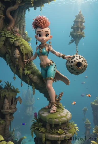 1girl,solo,looking at viewer,smile,short hair,open mouth,navel,jewelry,weapon,red hair,earrings,shorts,midriff,dark skin,water,necklace,black eyes,bracelet,tree,tattoo,sandals,plant,child,armlet,fish,bubble,underwater,anklet,air bubble,turtle,coral,seaweed,orange hair,rock,mohawk