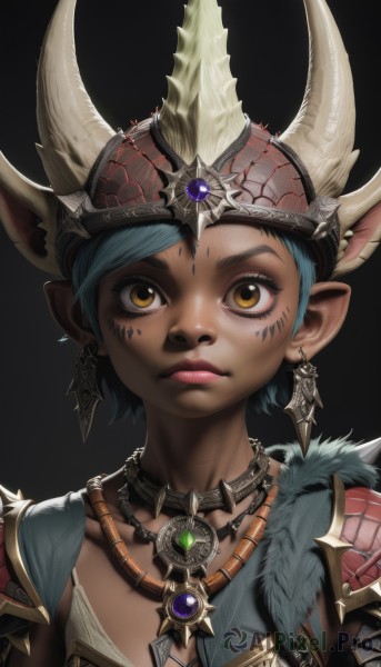 1girl,solo,looking at viewer,short hair,simple background,brown eyes,jewelry,closed mouth,blue hair,yellow eyes,upper body,earrings,horns,pointy ears,dark skin,necklace,armor,dark-skinned female,lips,tattoo,facial mark,helmet,feathers,black background,shoulder armor,gem,portrait,pauldrons,fake horns,facepaint,facial tattoo,shoulder spikes,animal ears,artist name,fur trim,makeup,nose