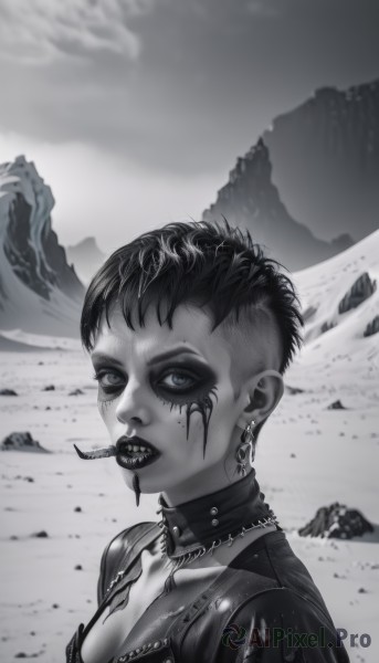 1girl,solo,breasts,looking at viewer,short hair,blue eyes,cleavage,jewelry,medium breasts,monochrome,upper body,greyscale,earrings,outdoors,teeth,choker,necklace,lips,eyelashes,blood,makeup,facial mark,mouth hold,piercing,lipstick,ear piercing,spot color,mountain,nose,eyeliner,facepaint,very short hair,leather,undercut,mascara,black lips,jacket,sky,cloud,collar,sharp teeth,leather jacket,nose piercing,eyebrow piercing