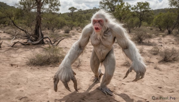 solo,open mouth,1boy,outdoors,sky,teeth,day,cloud,tree,no humans,shadow,fangs,nature,claws,forest,monster,realistic,fur,horror (theme),long hair,looking at viewer,standing,full body,white hair,male focus,nude,muscular,running,old,old man