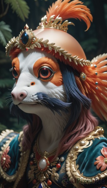 1girl,solo,long hair,looking at viewer,hat,jewelry,upper body,pink hair,multicolored hair,artist name,necklace,blurry,gradient hair,depth of field,blurry background,animal,watermark,feathers,brooch,gem,portrait,furry,colored sclera,furry female,headdress,hat feather,yellow sclera,whiskers,flower,signature,feather hair ornament,mouse