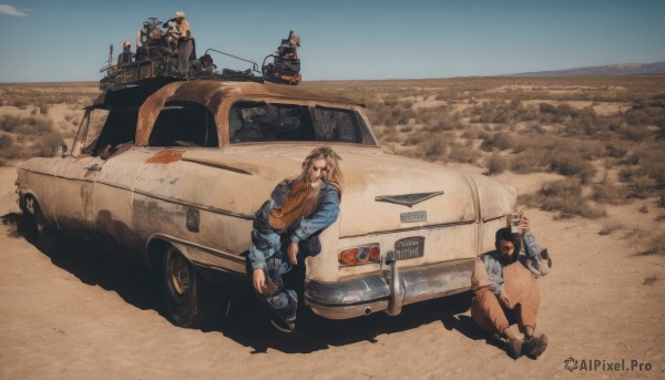 1girl,long hair,short hair,multiple girls,blonde hair,brown hair,black hair,sitting,jacket,weapon,boots,outdoors,multiple boys,sky,day,pants,2boys,gun,military,denim,ground vehicle,motor vehicle,science fiction,4boys,realistic,sand,military vehicle,car,vehicle focus,desert,truck,on vehicle,hat,male focus,uniform,facial hair,sunglasses,helmet,robot,beard,6+boys,bomber jacket,denim jacket