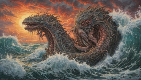 open mouth,outdoors,sky,teeth,tongue,cloud,water,no humans,ocean,cloudy sky,sharp teeth,sunset,monster,sun,giant,waves,red sky,fangs,dragon,scales