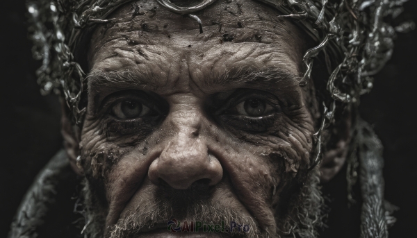 solo,looking at viewer,simple background,1boy,closed mouth,male focus,blurry,black eyes,facial hair,black background,portrait,beard,close-up,realistic,mustache,old,old man,horror (theme),wrinkled skin,monochrome,glasses,freckles,serious