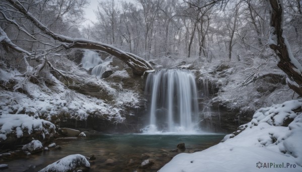 outdoors, water, tree, no humans, nature, scenery, snow, forest, rock, winter, bare tree, river, waterfall