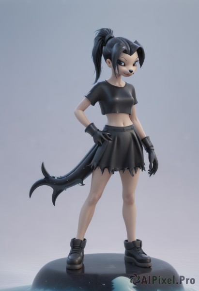 1girl,solo,long hair,breasts,looking at viewer,smile,open mouth,blue eyes,skirt,shirt,black hair,gloves,navel,standing,tail,full body,ponytail,short sleeves,small breasts,boots,shoes,black gloves,midriff,artist name,black skirt,grey background,black footwear,black eyes,crop top,hand on hip,torn clothes,black shirt,personification,fish tail,shark tail,cropped shirt,torn skirt,shark girl,black lips,makeup,t-shirt,ankle boots,platform footwear