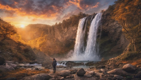 solo, 1boy, male focus, outdoors, sky, cloud, water, tree, nature, scenery, sunset, rock, mountain, sun, waterfall, cliff