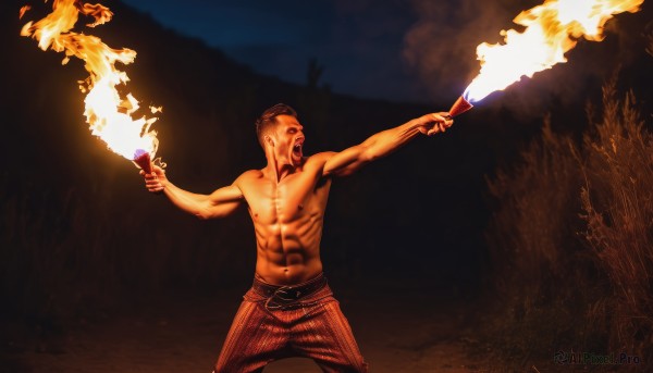 solo,open mouth,black hair,1boy,male focus,belt,muscular,night,facial hair,parody,abs,fire,beard,topless male,torch,burning,cup,holding cup,alcohol,drinking glass,realistic,wine glass,manly,wine