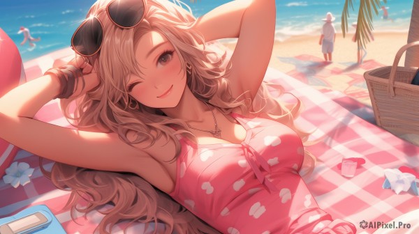 1girl,long hair,breasts,looking at viewer,blush,smile,bangs,multiple girls,blonde hair,brown hair,shirt,1boy,cleavage,bare shoulders,brown eyes,jewelry,medium breasts,closed mouth,collarbone,swimsuit,upper body,flower,heart,earrings,outdoors,lying,one eye closed,sleeveless,solo focus,day,on back,armpits,water,necklace,arms up,bracelet,tree,lips,one-piece swimsuit,bare arms,makeup,ocean,umbrella,wavy hair,beach,sunlight,sunglasses,light brown hair,bottle,towel,arms behind head,eyewear on head,ball,pink shirt,;),hoop earrings,sand,palm tree,blanket,basket,beachball,shade,shell,beach umbrella,hands in hair,beach towel,pink one-piece swimsuit,picnic basket,dress,sky,blurry,cup,blue sky,sleeveless dress,floral print,sandals,white flower,animal print,pink dress,innertube,horizon,heart earrings,heart print,starfish,heart necklace,seashell,people