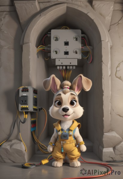 1girl,solo,looking at viewer,smile,open mouth,animal ears,brown eyes,jewelry,standing,ponytail,rabbit ears,bracelet,:3,robot,furry,rabbit girl,furry female,overalls,cable,wire,industrial pipe,buck teeth,full body,:d,barefoot,teeth,no humans,tube,machine