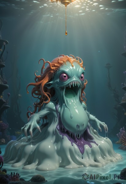 1girl,solo,long hair,open mouth,teeth,pink eyes,water,orange hair,wet,colored skin,sharp teeth,monster girl,tentacles,colored sclera,fish,bubble,monster,light rays,underwater,blue skin,air bubble,green skin,shell,jellyfish,seaweed,breasts,nipples,purple eyes,tongue,fingernails,see-through,personification,tentacle hair,mermaid,slime (substance)