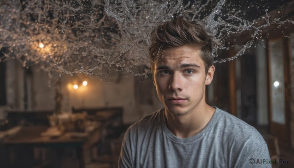 solo,looking at viewer,short hair,brown hair,shirt,1boy,brown eyes,closed mouth,upper body,male focus,indoors,blurry,lips,depth of field,blurry background,grey shirt,realistic,lamp,blue eyes,tree,night,facial hair,chair,table,blue shirt,portrait,stubble,photo background