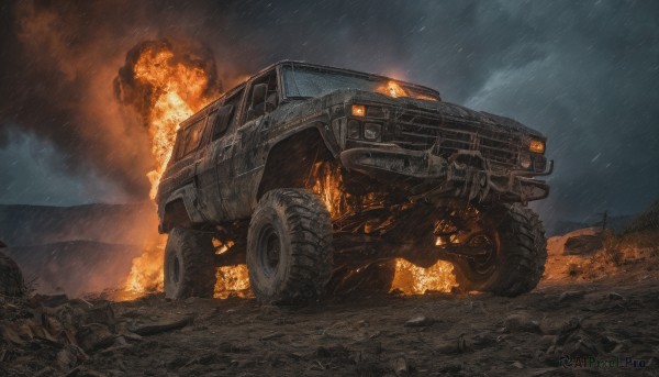 outdoors,sky,cloud,military,no humans,cloudy sky,fire,ground vehicle,scenery,motor vehicle,smoke,rain,car,vehicle focus,damaged,debris,grey sky,truck,tire,night,wheel