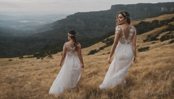 1girl,long hair,looking at viewer,short hair,multiple girls,brown hair,black hair,hair ornament,dress,2girls,ass,outdoors,from behind,white dress,see-through,multiple views,back,mountain,backless outfit,realistic,field,mountainous horizon,looking back,dark skin,dark-skinned female,parody,scenery,head wreath