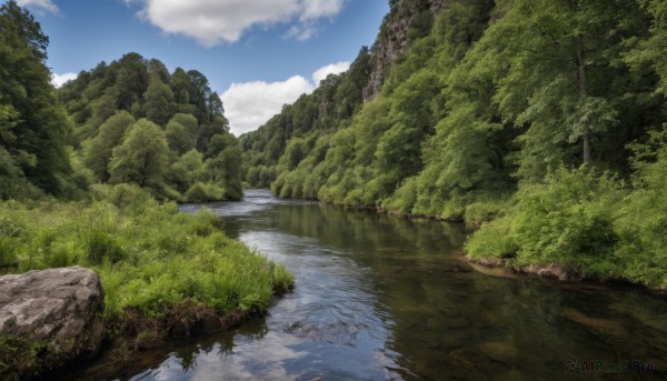 outdoors,sky,day,cloud,water,tree,blue sky,no humans,cloudy sky,grass,nature,scenery,forest,reflection,rock,mountain,bush,river,landscape,lake,plant,reflective water