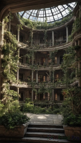 outdoors,day,indoors,tree,no humans,window,sunlight,plant,building,scenery,stairs,railing,architecture,ruins,vines,pillar,arch,moss,overgrown,door