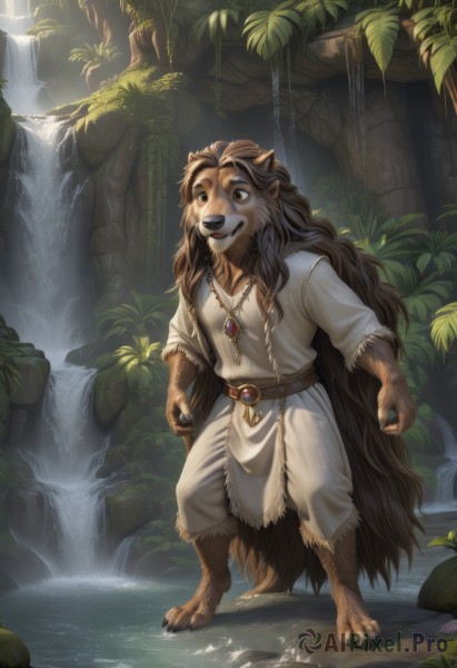 solo,long hair,smile,brown hair,1boy,animal ears,brown eyes,jewelry,very long hair,standing,full body,braid,male focus,outdoors,barefoot,teeth,belt,water,necklace,tree,heterochromia,thick eyebrows,plant,nature,claws,furry,furry male,fur,waterfall,snout,brown fur,open mouth,tail,artist name,leaf,fangs,watermark,grass,gem,pendant,rock,lion ears,moss