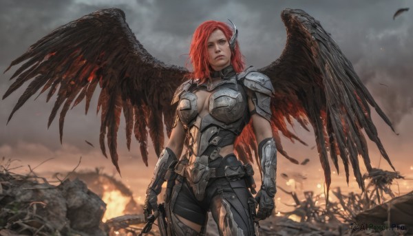 1girl,solo,long hair,breasts,looking at viewer,large breasts,gloves,holding,cleavage,brown eyes,medium breasts,closed mouth,standing,weapon,red hair,cowboy shot,outdoors,wings,sky,belt,sword,cloud,holding weapon,armor,lips,cloudy sky,fire,feathers,shoulder armor,gauntlets,feathered wings,smoke,black wings,pauldrons,arms at sides,embers,rubble,realistic