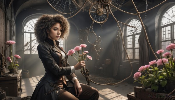 1girl,solo,long hair,breasts,looking at viewer,brown hair,black hair,long sleeves,holding,cleavage,brown eyes,jewelry,medium breasts,sitting,weapon,flower,pants,indoors,lips,window,sunlight,plant,pink flower,curly hair,light rays,realistic,nose,fantasy,clock,holding flower,potted plant,sunbeam,vase,silk,spider web,hat,jacket,afro