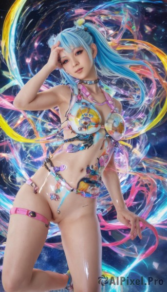 1girl,solo,long hair,breasts,looking at viewer,smile,bangs,blue eyes,hair ornament,navel,twintails,jewelry,medium breasts,blue hair,collarbone,swimsuit,bikini,shoes,pussy,choker,shiny,armpits,arm up,collar,lips,shiny skin,uncensored,tattoo,thigh strap,bottomless,piercing,bikini top only,realistic,hand on own head,navel piercing,hand to head,large breasts,cleavage,ponytail,multicolored hair,parted lips,belt,two-tone hair,watermark,web address,anklet,pussy piercing,clitoris piercing