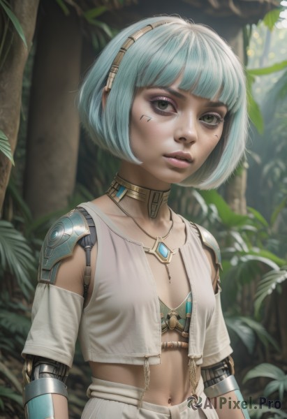 1girl,solo,breasts,looking at viewer,short hair,bangs,navel,jewelry,closed mouth,green eyes,blue hair,upper body,hairband,small breasts,outdoors,parted lips,choker,midriff,pants,artist name,dark skin,blunt bangs,necklace,bra,blurry,lips,aqua hair,makeup,blurry background,bob cut,plant,nature,eyeshadow,science fiction,realistic,white pants,nose,arms at sides,android,eyeliner,joints,neck ring,cyborg,robot joints,green hair,facial mark,forest,facepaint,cyberpunk