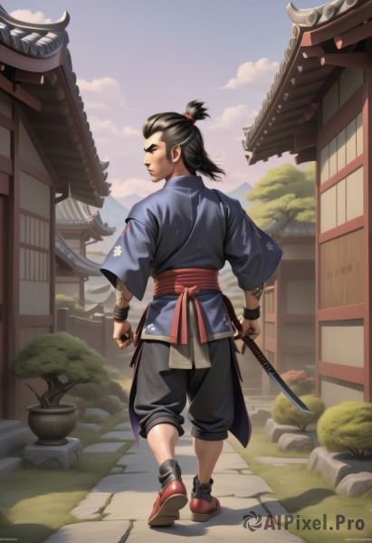 solo,black hair,1boy,holding,standing,full body,ponytail,weapon,male focus,outdoors,japanese clothes,sky,shoes,day,socks,looking back,pants,sword,artist name,cloud,kimono,from behind,holding weapon,tree,sash,tattoo,shadow,facial hair,watermark,holding sword,black pants,thick eyebrows,katana,building,red footwear,sheath,web address,walking,short ponytail,rock,blue kimono,architecture,east asian architecture,topknot,short sword,blue sky,sandals,grass