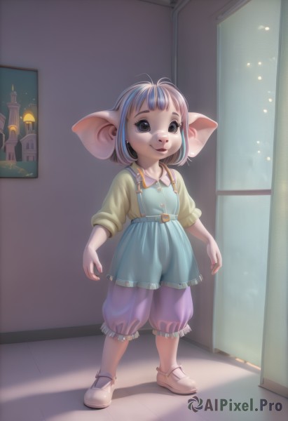 1girl,solo,looking at viewer,smile,short hair,bangs,shirt,long sleeves,dress,animal ears,brown eyes,closed mouth,blue hair,standing,collarbone,full body,pink hair,multicolored hair,shoes,collared shirt,pants,artist name,indoors,signature,black eyes,flat chest,two-tone hair,streaked hair,see-through,window,:3,buttons,happy,white footwear,suspenders,child,furry,yellow shirt,bloomers,mouse ears,furry female,female child,overalls,body fur,pigeon-toed,animal nose,sleeves past elbows,puffy pants,bow,jewelry,short sleeves,hair bow,earrings,frills,teeth,pointy ears,belt,lips,night,shadow,colored skin,watermark,web address,hallway,buck teeth