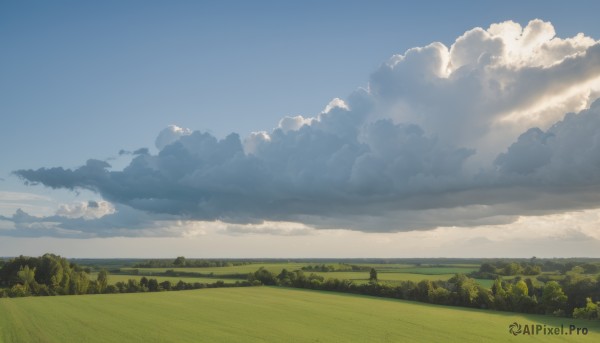 outdoors,sky,day,cloud,tree,blue sky,no humans,cloudy sky,grass,nature,scenery,forest,field,landscape,hill,horizon