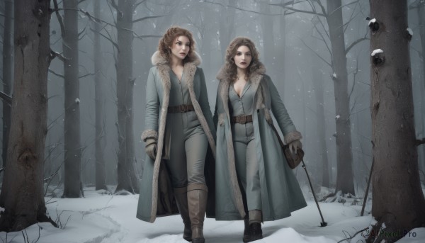 long hair,breasts,looking at viewer,short hair,multiple girls,brown hair,gloves,long sleeves,holding,2girls,cleavage,brown eyes,medium breasts,closed mouth,standing,boots,outdoors,open clothes,belt,pants,bag,tree,lips,coat,fur trim,siblings,brown footwear,sisters,nature,snow,buckle,brown gloves,forest,walking,open coat,twins,belt buckle,snowing,winter clothes,brown belt,winter,fur-trimmed coat,grey gloves,bare tree,blue coat,grey coat,blue eyes,large breasts,jewelry,full body,weapon,parted lips,necklace,holding hands,wavy hair,knee boots,staff,curly hair,shoulder bag,red lips,grey pants,cane,fur-trimmed boots,fur coat