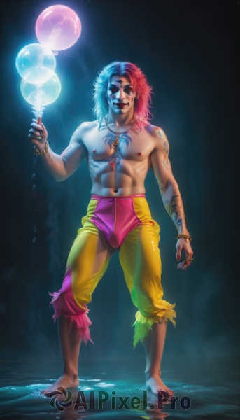 solo,long hair,looking at viewer,smile,red eyes,1boy,navel,jewelry,nipples,blue hair,standing,full body,pink hair,male focus,red hair,multicolored hair,barefoot,pants,artist name,water,necklace,nail polish,bracelet,two-tone hair,torn clothes,tattoo,muscular,colored skin,heterochromia,piercing,abs,ring,toned,topless male,realistic,blue skin,magic,balloon,torn pants,lip piercing,yellow pants,clown,makeup,glowing,watermark,facial mark,web address,freckles,bubble,bulge,bangle,facial tattoo