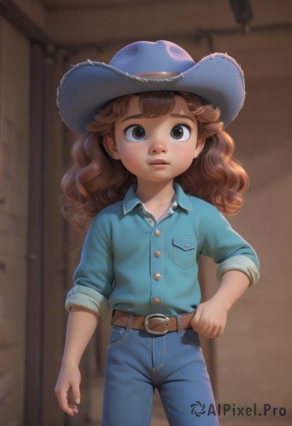 1girl,solo,long hair,looking at viewer,brown hair,shirt,hat,brown eyes,standing,cowboy shot,parted lips,collared shirt,belt,pants,indoors,blurry,lips,buttons,blurry background,blue shirt,denim,child,sleeves rolled up,blue headwear,curly hair,pocket,jeans,belt buckle,door,blue pants,female child,brown belt,breast pocket,cowboy hat,bangs,freckles,denim jacket