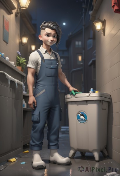 solo,looking at viewer,smile,short hair,shirt,black hair,gloves,1boy,holding,standing,full body,white shirt,short sleeves,male focus,boots,outdoors,sky,collared shirt,indoors,black eyes,night,moon,white footwear,plant,building,night sky,reflection,realistic,potted plant,lamp,overalls,wrench,light bulb,industrial pipe,brown hair,teeth,socks,white socks,child,freckles,male child,undercut,dirty,trash can,alley