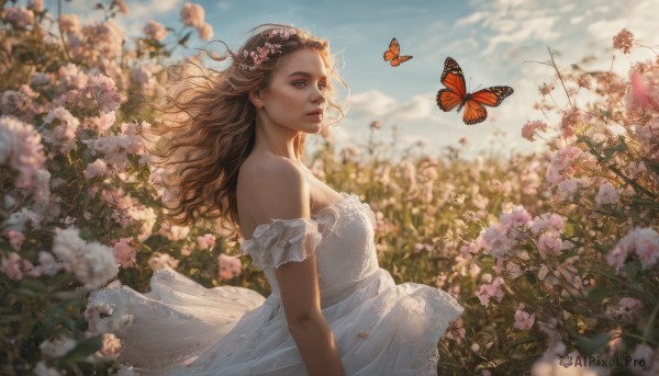 1girl, solo, long hair, breasts, brown hair, hair ornament, dress, bare shoulders, brown eyes, flower, outdoors, parted lips, sky, day, cloud, hair flower, white dress, blurry, from side, blue sky, lips, strapless, depth of field, bug, wind, butterfly, strapless dress, pink flower, realistic, nose, field, flower field