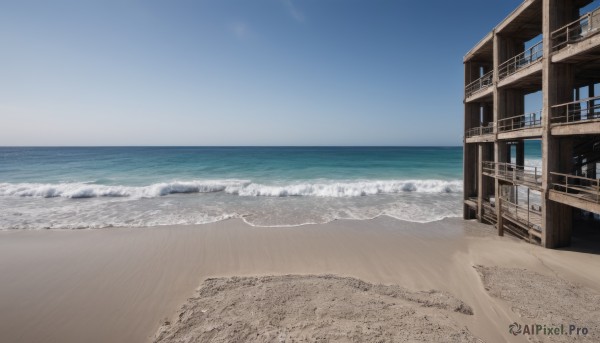 outdoors,sky,day,water,blue sky,no humans,ocean,beach,building,scenery,sand,horizon,waves,shore,cloud,window